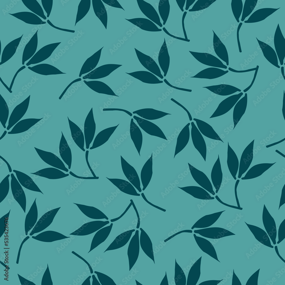 A simple pattern of leaves.  turquoise 
 background,green leaves on branches. Print for textiles,banners and Wallpapers,packaging.
