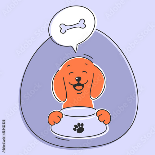 Cute dog dachshund dreams of food. Pet Shop logo. Design store goods and food for animals. Vector Illustration 