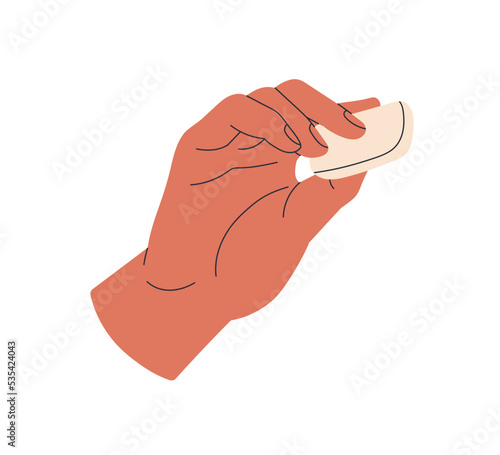 Hand holding gum eraser, pencil rubber. Arm using vinyl cleaning tool, applying soft gummy supply, instrument, art and school accessory. Flat vector illustration isolated on white background
