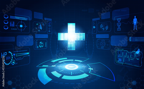 Abstract health science consist health plus hud interface digital technology concept  modern medical on hi tech future blue background.
