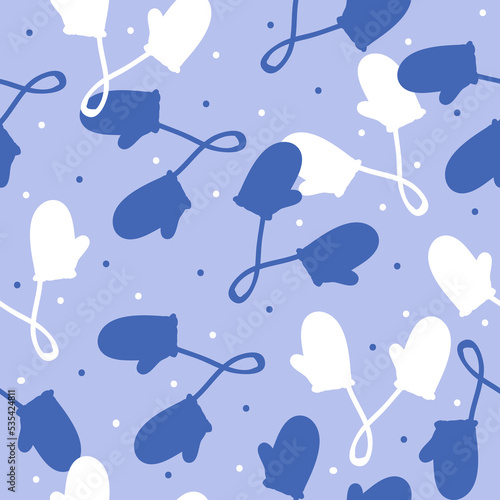 Simple winter pattern. Cute white and blue mittens .
light blue background. Christmas print for textiles, packaging and wallpaper.