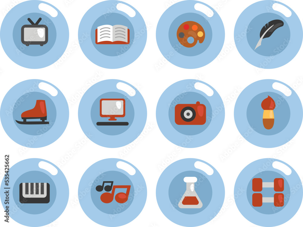 Modern hobbies, illustration, vector on white background. Modern hobbies, illustration, vector on white background.