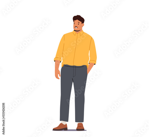 Body Positive Concept. Trendy Plus Size Man Stand With Hand In Pocket, Male Character Love And Accept His Body