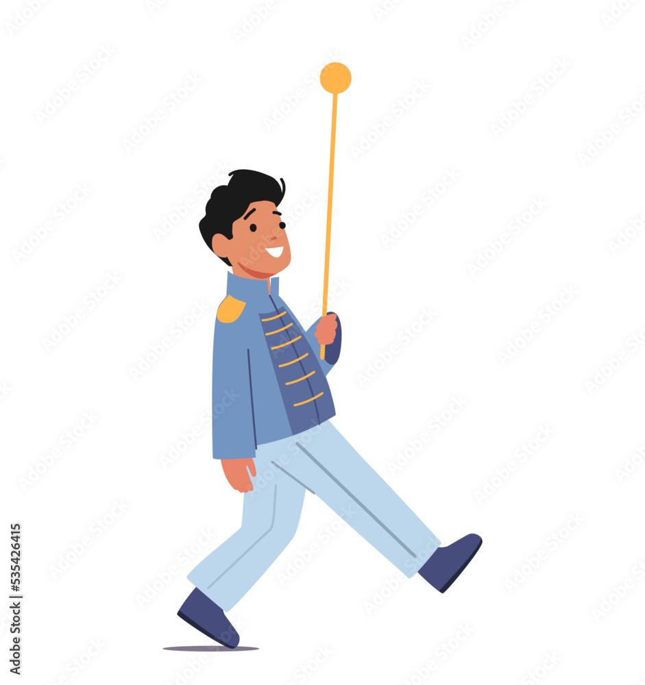 Little Boy Character With Stick March At Military Orchestra Isolated On White Background. Kid Wear Festive Uniform Little Boy Character With Stick March At Military Orchestra Isolated On White Background. Kid Wear Festive Uniform