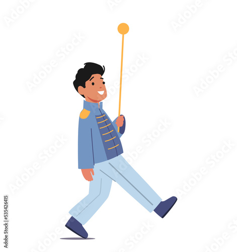 Little Boy Character With Stick March At Military Orchestra Isolated On White Background. Kid Wear Festive Uniform
