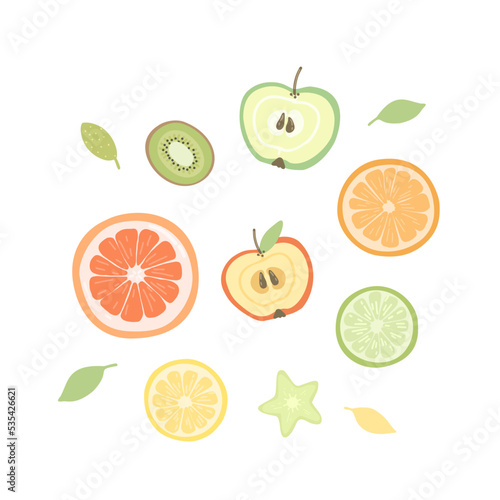 Fototapeta Naklejka Na Ścianę i Meble -  Fruit illustration. Fruit halves and pieces orange,lemon,apple,kiwi.Vector fruits for print, cards, prints, menus, web.