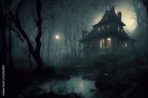 scary house in mysterious horror forest at night. High quality illustration