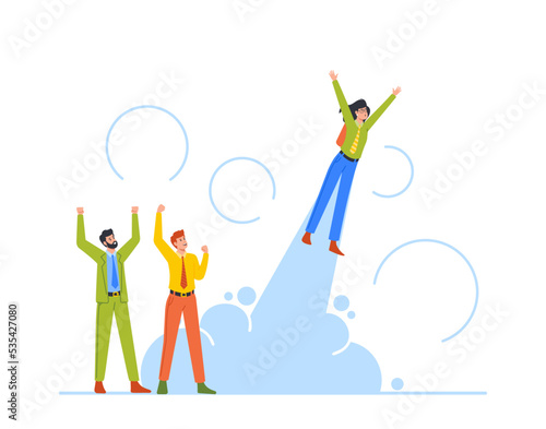 Happy Business Woman or Manager Fly on Jetpack to Goal Achievement. Girl with Rocket on Back Reach New Level of Career
