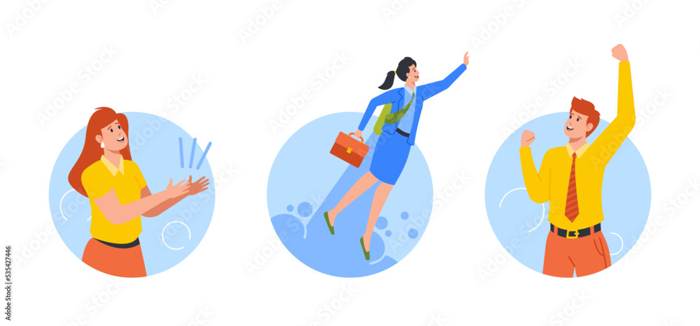 Businesswoman Takes Off with Jet Pack Round Icons or Avatars. Great Start Up, Career Boost or Fast Business Growth Businesswoman Takes Off with Jet Pack Round Icons or Avatars. Great Start Up, Career Boost or Fast Business Growth