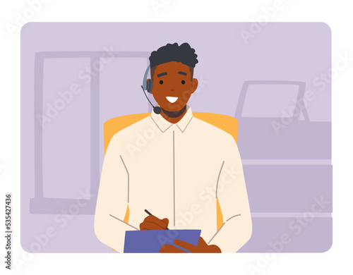 Call Center Technical Receptionist, Customer Support Service Working. Man in Headset Hotline Consultant Chat with Client