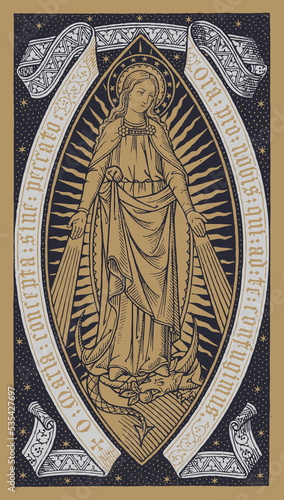 Our Lady of the Miraculous Medal. Vintage woodcut. Mother Mary