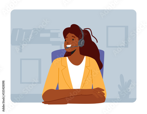 Girl in Headset Hotline Consultant Character Chat with Client in Call Center Answering Professional Question to Customer
