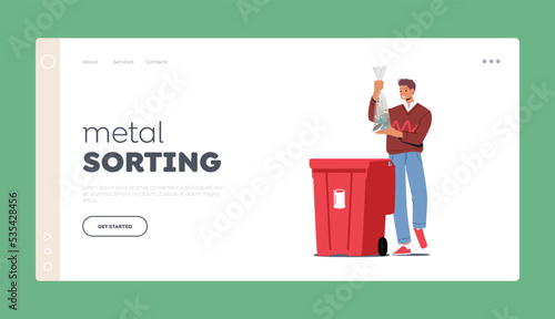 Metal Sorting Landing Page Template. Young Man Throw Bag with Metal Litter into Recycle Trash Bin on Street, Separation