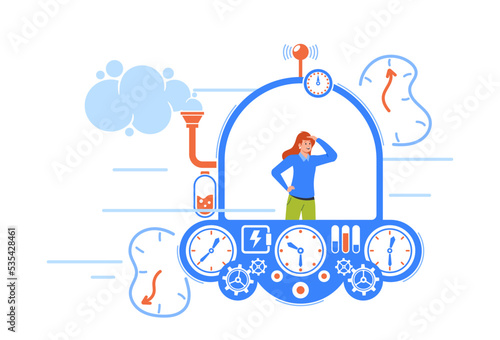 Business Woman Character Flying In Time Machine Cockpit Looking Ahead. Concept Of Teleportation To The Future Or Past