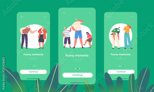 Funny Moments Mobile App Page Onboard Screen Template. People Laughing at Something Funny Cartoon Vector Illustration