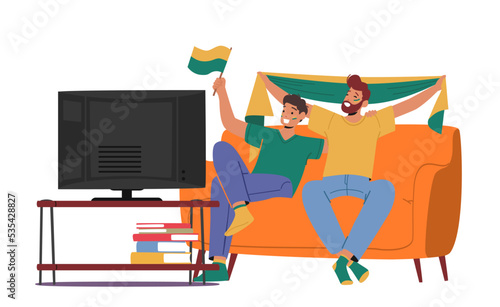 Home Fun Party Concept with Dad and Son Characters Spend Time Together Watching Football on Tv Sitting on Couch