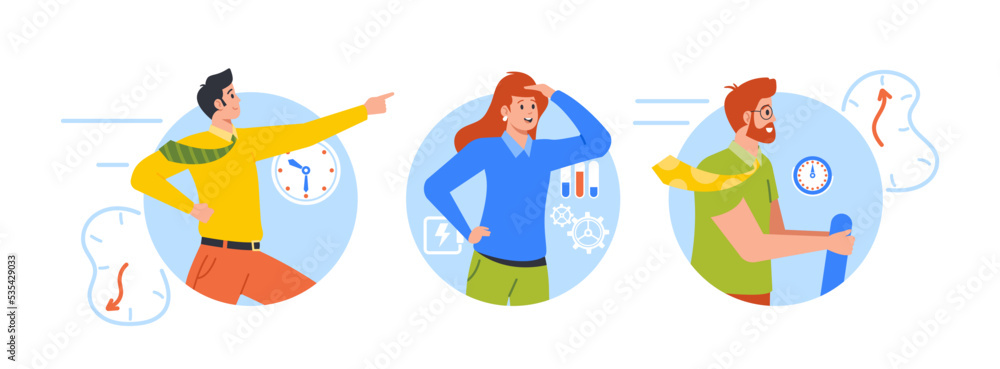 Fototapeta premium Business Characters Team Flying In Time Machine Isolated Round Icons Or Avatars. People Going To The Future Or Past