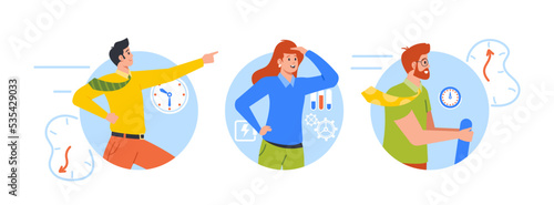 Business Characters Team Flying In Time Machine Isolated Round Icons Or Avatars. People Going To The Future Or Past