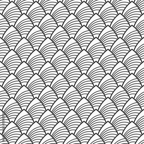 Fish, dragon, snake scales seamless vector pattern. Repeated black curves, isolated on white background. Regular ornament. Black and white vector pattern.