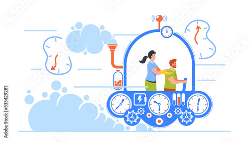 Business Characters Team Going To The Future Or Past In Time Machine. Man And Woman Colleagues Sit In Capsule Cockpit