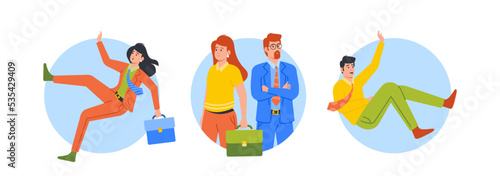 Business Characters Falling, Man And Woman Stand Together Isolated Round Icons Or Avatars. Corporate Staff, Team