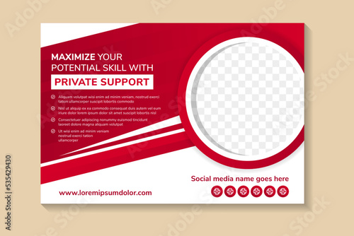 Horizontal banner template for maximize your potensial skill with private support. Editable modern flyer with red gradient circle shape and place for the photo collage. Usable for social media cover