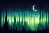 Sleeping owl in fantasy enchanted fairy tale spruce forest and moon light rays shine through the branches, funny cute bird sitting on twig of fir tree in deep dark blue fairytale fabulous magical wood