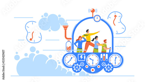 Business Characters Team Flying In Time Machine With Leader Pointing Ahead. People Going To The Future Or Past