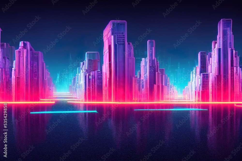 3D Rendering of neon mega city with light reflection from puddles on street heading toward buildings. Concept for night life, business district center CBDCyber punk theme, tech background. High