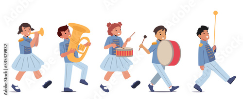 Kids Band In Blue Uniform Marching on Parade. Happy Girls or Boys Play Festival Music With Drum, Brass Horn And Tuba