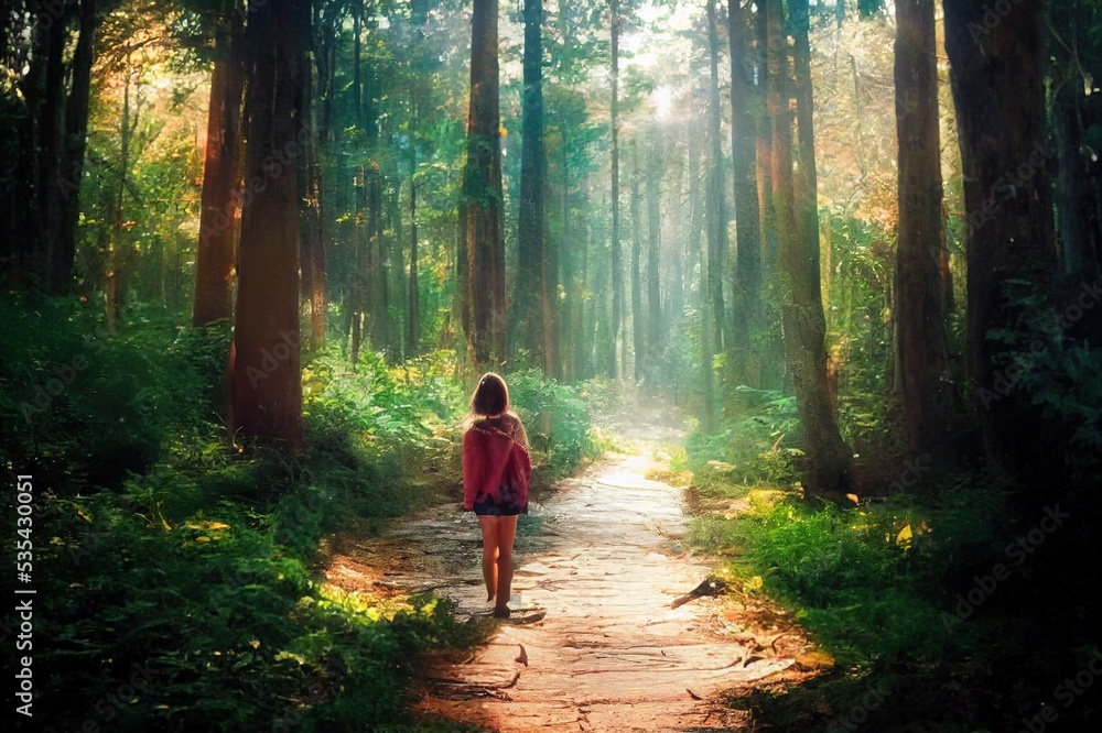 Obraz premium Free woman breathing clean air in nature forest. Happy girl from the back with open arms in happiness. Fresh outdoor woods, wellness healthy lifestyle concept.. High quality illustration