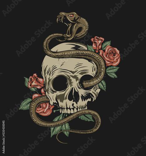 snake coiled round the human skull and roses. Angry dangerous serpent and flowers . Tattoo style or t-shirt design vector illustration