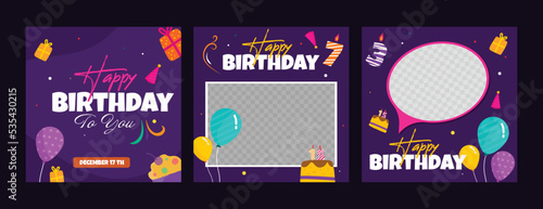 cute happy birthday social media post with ballons watercolor