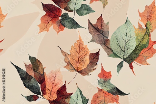 Eco print from autumn leaves. Seamless floral pattern in leaves of ash  birch. illustration. Cute colorful background.. High quality illustration