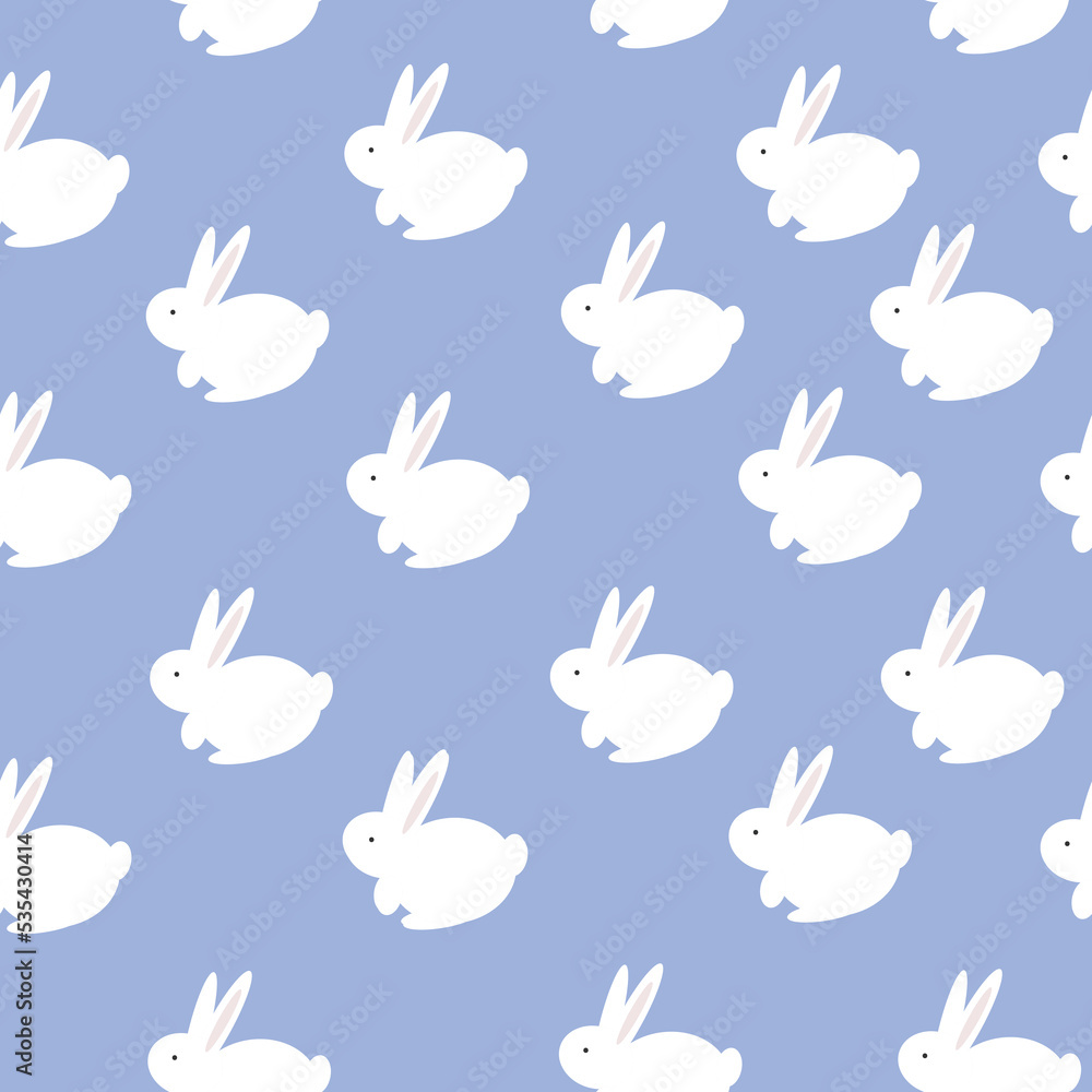 Simple rabbits pattern. cute white rabbits,  light blue background. Fashionable print for children's textiles, wallpaper and packaging.	