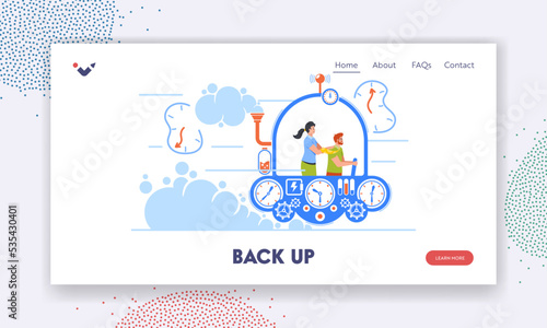 Back Up Landing Page Template. Business Characters Team Going To the Future Or Past In Time Machine Capsule Cockpit