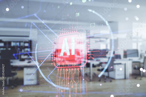 Double exposure of creative artificial Intelligence icon on modern corporate office background. Neural networks and machine learning concept © Pixels Hunter