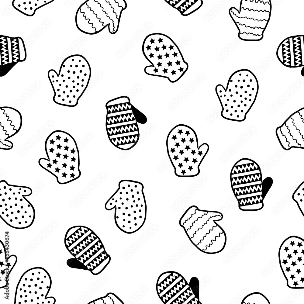Simple winter pattern. Cute white mittens with patterns. White background. Christmas print for textiles, packaging and wallpaper. Simple winter pattern. Cute white mittens with patterns. White background. Christmas print for textiles, packaging and wallpaper.