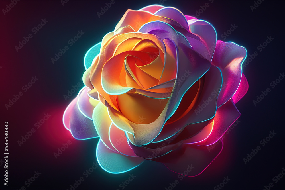 Fantasy magical dark background with magic rose flower reflection neon  light on edge ilustração do Stock