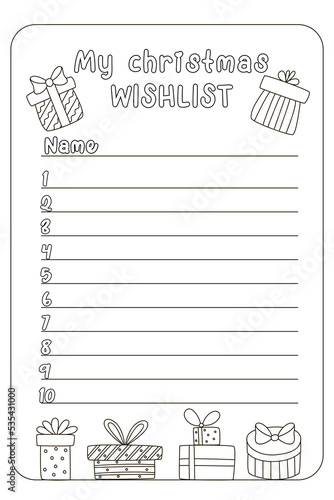 Christmas wishlist coloring page for children and adults. Black and white linear vector template for writing Christmas gifts. Expanded stroke. 
