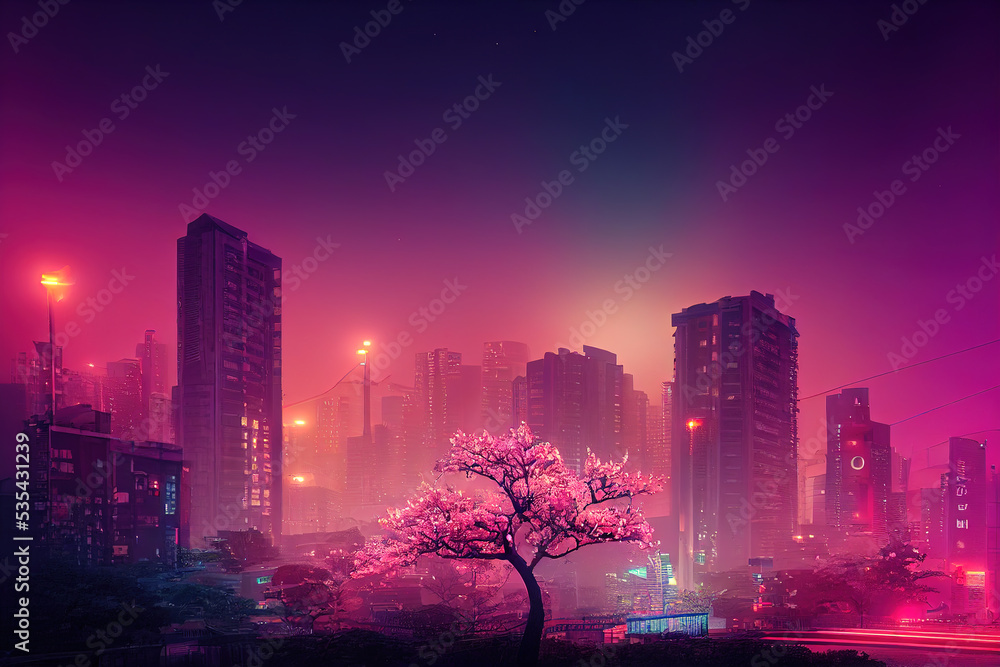 Fototapeta premium Fantasy Japanese night view city citycape, neon light, residential skyscraper buildings, pink cherry sakura tree. Night urban anime fantasy.