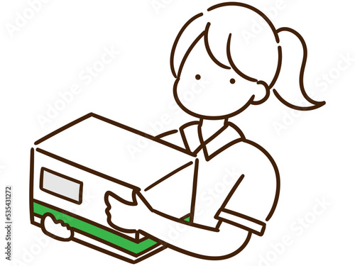 郵便物を運ぶポニーテールの若い女性のデフォルメ線画イラスト