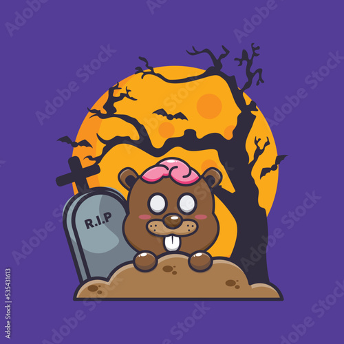 Cute zombie beaver rise from graveyard in halloween day. 
Cute halloween cartoon illustration.