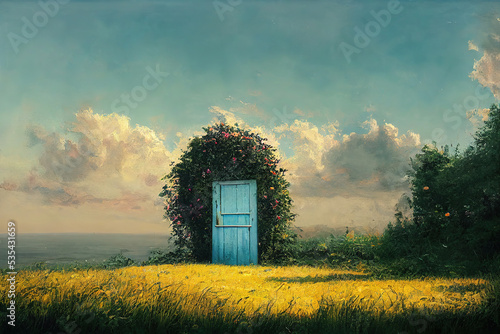 Open door to summer landscape. Season and travel concept.