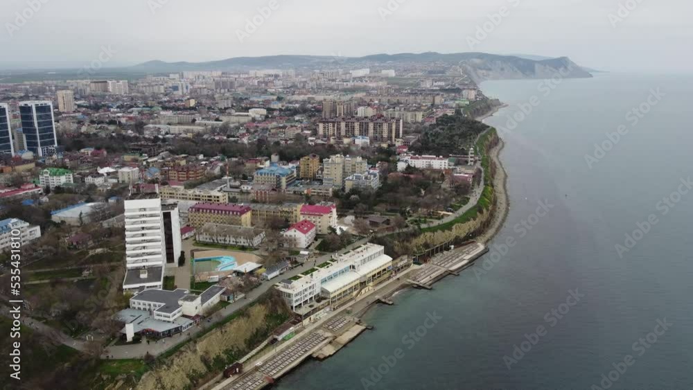 Anapa, Russia - April, 17, 2021: Anapa city on the Black Sea coast from a bird's-eye view. 4K. Anapa, Russia - April, 17, 2021: Anapa city on the Black Sea coast from a bird's-eye view. 4K.