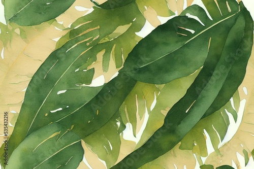 Banana leaf seamless pattern. Unusual tropical leaves on white background. Hand painted watercolor illustration. High quality illustration