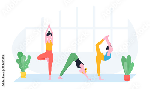 Office people practicing yoga and meditation. Managers exercising and meditating in lotus pose during work break. Can be used for mindfulness, business and relaxing