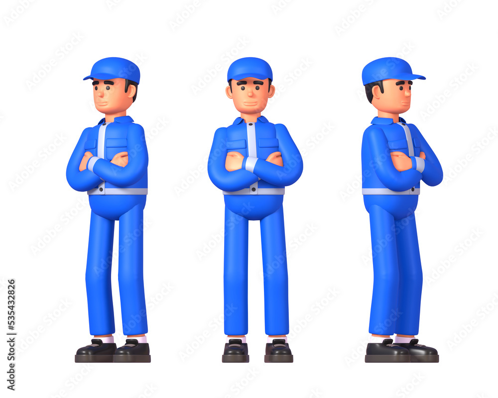 3d render of worker, courier or postman in blue uniform confident, posing with arms crossed on chest 3d render of worker, courier or postman in blue uniform confident, posing with arms crossed on chest