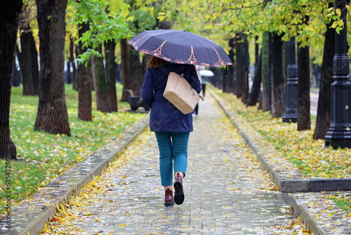 Woman wearing autumn clothes walking with umbrella down the street covered with fallen leaves. Rain in city park