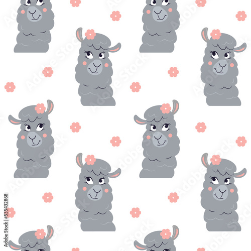 Vector seamless pattern with funny cartoon heads of alpacas. Cute coquettish lama with flowers. Childish animal character wallpaper.